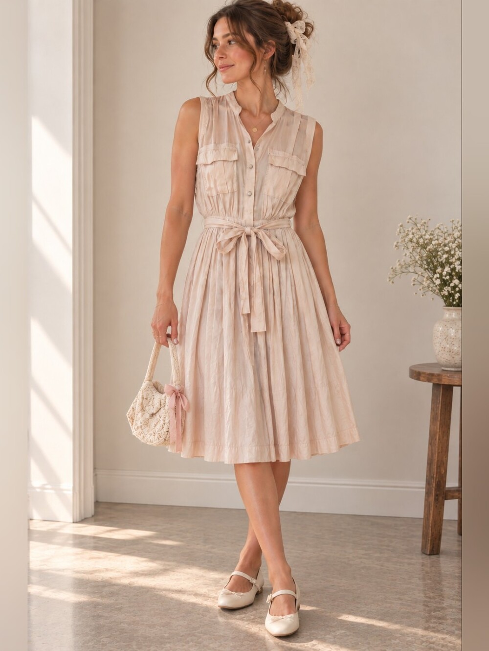 Anthropologie Moulinette Soeurs Midi Dress Blush Pink Pleated Romantic Soft Girl